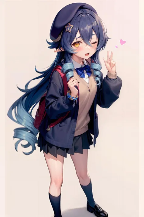 masterpiece, best quality,   <lora:layla:0.8>,1girl, solo, skirt, one eye closed, long hair, heart, blue hair, black skirt, pointy ears, drill hair, bow, black footwear, socks, full body, black headwear, long sleeves, bowtie, shoes, bag, alternate costume, open mouth, pleated skirt, hat, very long hair, yellow eyes, bangs, blue bowtie, blue bow, standing, beret, jewelry, contemporary, hair between eyes, twin drills, puffy sleeves, shirt, backpack, multicolored hair, looking at viewer, jacket, sparkle, puffy long sleeves, cardigan, hands up, black jacket, bracelet, mary janes, blush, grey sweater, sweater, grey shirt, school uniform, drill locks, gradient hair, hand up, miniskirt, blue socks