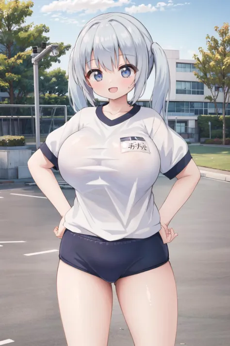 <lora:moralgear3-10:0.6>, 1girl, large breasts, smile, <lora:gym-10:0.6>, (gym uniform), school, outdoors, twintails, gym shirt, buruma, :d, white shirt, hands on hips