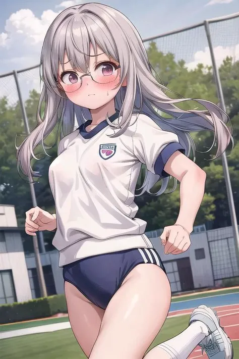 masterpiece, best quality,ultra detail <lora:anmnr01:0.3> <lora:add_detail:0.5>,glasses, sports ground ,solo,shy,embarrassing,blush,1girl, <lora:gym:0.7>,gym uniform,running