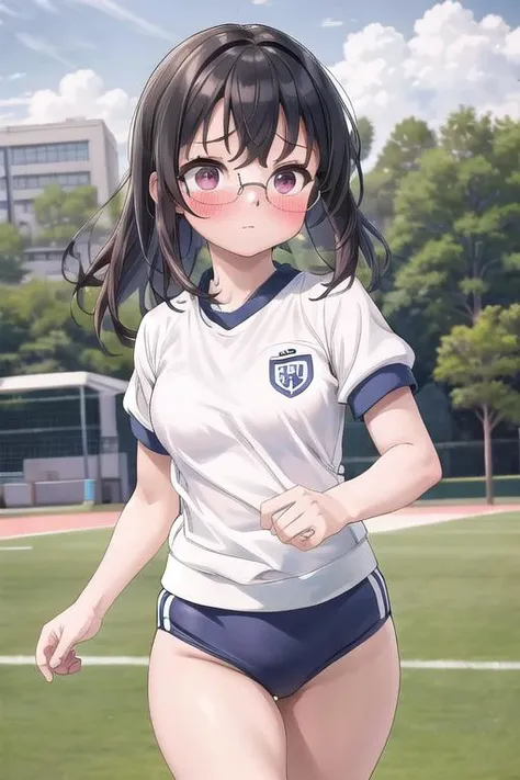masterpiece, best quality,ultra detail <lora:anmnr01:0.3> <lora:add_detail:0.5>,glasses, sports ground ,solo,shy,embarrassing,blush,1girl, <lora:gym:0.7>,gym uniform,running