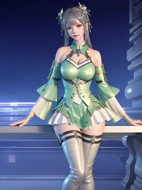 1girl,detached sleeves,white skirt,cityscape,night,standing,looking at viewer,green clothes,grey hair,hair ornament,double bun,thigh strap,sitting,chair,jewelry, <lora:CFyyyXG_20230718193431-000012:0.8>,grey thigh boots,