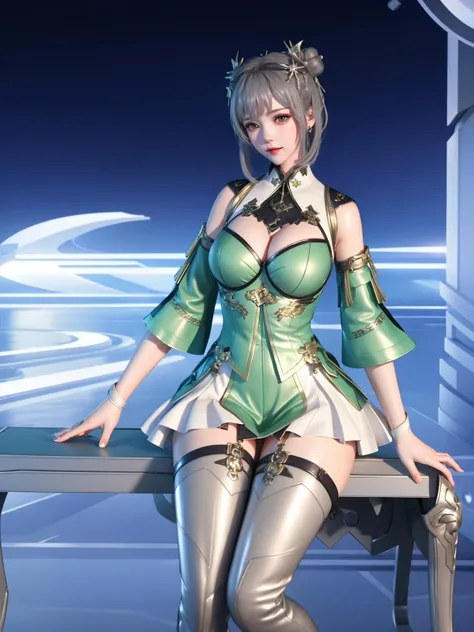 1girl,detached sleeves,white skirt,cityscape,night,standing,looking at viewer,green clothes,grey hair,hair ornament,double bun,thigh strap,sitting,chair,jewelry, <lora:CFyyyXG_20230718193431-000012:0.8>,grey thigh boots,