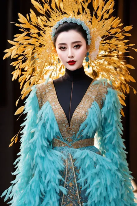 Masterpiece, high quality, 4K, beautiful design, shiny, from the front, award winning photo, extremely detailed, amazing, fine detail, absurdres, highly detailed woman, extremely detailed eyes and face, by lee jeffries nikon d850 film stock photograph 4 kodak portra 400 camera f1.6 lens rich colors hyper realistic lifelike texture dramatic lighting unrealengine trending on artstation cinestill 800 tungsten, solo, 1girl,
fanbingbing, a woman in a black dress and a gold jacket, covered in blue feathers , wearing fanbingbing fashion,
<lora:FanFashion:0.825>