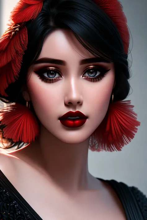 Masterpiece, high quality, 4K, beautiful design, shiny, from the front, award winning photo, extremely detailed, amazing, fine detail, absurdres, highly detailed woman, extremely detailed eyes and face, by lee jeffries nikon d850 film stock photograph 4 kodak portra 400 camera f1.6 lens rich colors hyper realistic lifelike texture dramatic lighting unrealengine trending on artstation cinestill 800 tungsten, solo, 1girl,
fanbingbing, a woman in a black dress, wearing fanbingbing fashion, red feathers
<lora:FanFashion:0.825>