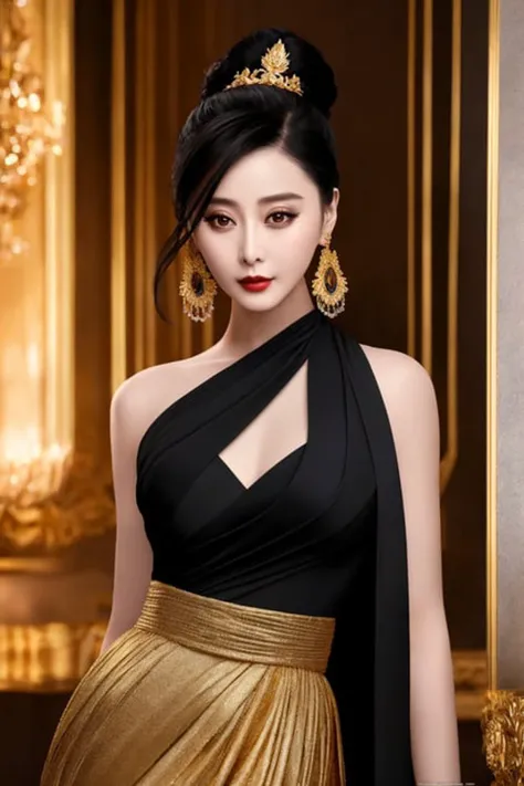 Masterpiece, high quality, 4K, beautiful design, shiny, from the front, award winning photo, extremely detailed, amazing, fine detail, absurdres, highly detailed woman, extremely detailed eyes and face, by lee jeffries nikon d850 film stock photograph 4 kodak portra 400 camera f1.6 lens rich colors hyper realistic lifelike texture dramatic lighting unrealengine trending on artstation cinestill 800 tungsten, solo, 1girl,
fanbingbing, a woman in a black dress and gold jewelry , wearing fanbingbing fashion
<lora:FanFashion:0.8>