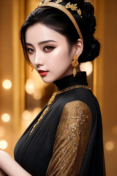 Masterpiece, high quality, 4K, beautiful design, shiny, from the front, award winning photo, extremely detailed, amazing, fine detail, absurdres, highly detailed woman, extremely detailed eyes and face, by lee jeffries nikon d850 film stock photograph 4 kodak portra 400 camera f1.6 lens rich colors hyper realistic lifelike texture dramatic lighting unrealengine trending on artstation cinestill 800 tungsten, solo, 1girl,
fanbingbing, a woman in a black dress and gold jewelry , wearing fanbingbing fashion
<lora:FanFashion:0.8>