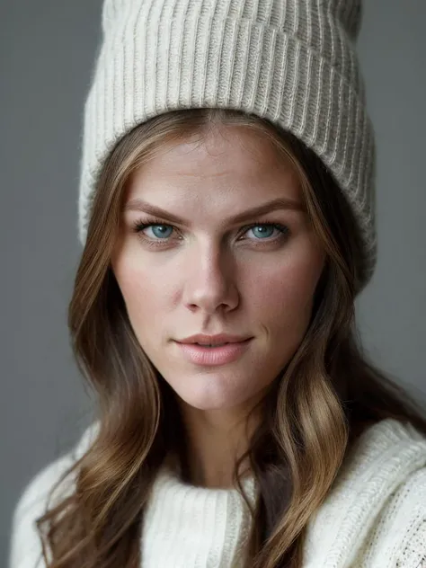 A beautiful br00klynd woman,1girl,solo,long hair,looking at viewer,smile,blue eyes,blonde hair,hat,upper body,sweater,lips,realistic,beanie,soft lighting, professional Photography, Photorealistic, detailed, RAW, analog, sharp focus, 8k, HD, high quality, masterpiece<lora:br00klynd:1.0>
