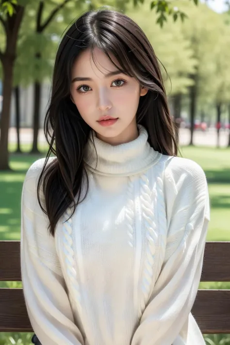 best quality, photorealistic, 8k, high res, full color, 1girl, woman, 20 years old woman, (skindentation), (portrait:0.6), trees, park bench, daylight, ((park background:1.52)), full color, ((necksweater:1.68)), straight-looking at viewer:1.8, (1girl eyes looking at viewer:1.55), (medium-length hair, blackhair, partedhair:1.45), (bokeh),   <lora:Vivi_v03:0.3>