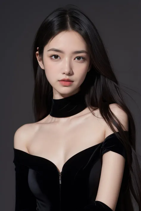 (masterpiece, high quality) woman, long hair, off shoulder, shiny black dress, model, posing, simple background <lora:Vivi_v03:0.3>