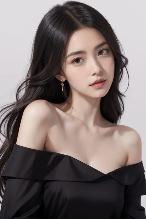 (masterpiece, high quality) woman, long hair, off shoulder, shiny black dress, model, posing, simple background <lora:Vivi_v03:0.3>