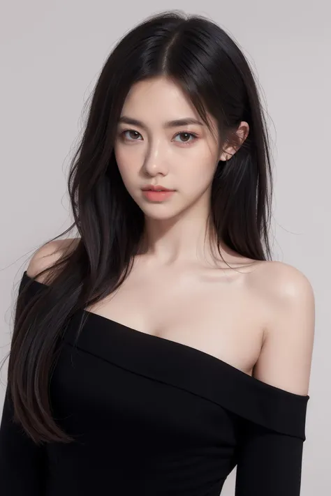 (masterpiece, high quality) woman, long hair, off shoulder, shiny black dress, model, posing, simple background <lora:Vivi_v03:0.3>