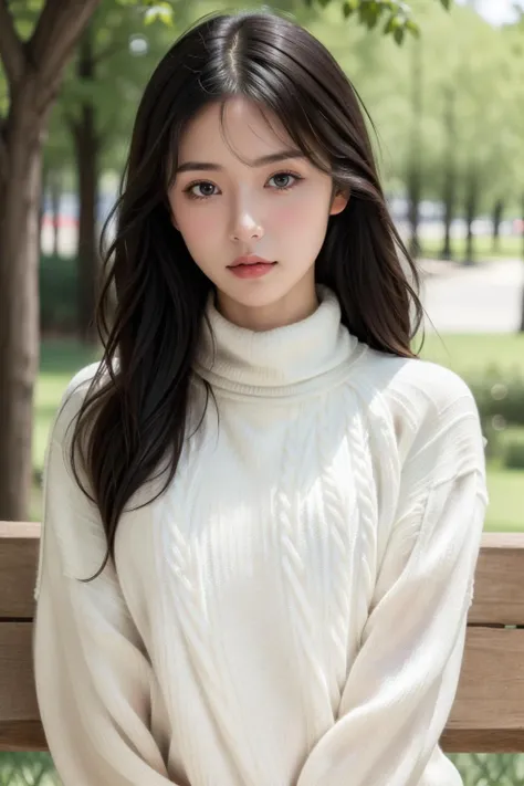 best quality, photorealistic, 8k, high res, full color, 1girl, woman, 20 years old woman, (skindentation), (portrait:0.6), trees, park bench, daylight, ((park background:1.52)), full color, ((necksweater:1.68)), straight-looking at viewer:1.8, (1girl eyes looking at viewer:1.55), (medium-length hair, blackhair, partedhair:1.45), (bokeh),   <lora:Vivi_v03:0.5>