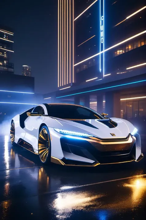 <lora:Glowing_style_XL_0.1:0.75> GLOWING STYLE, GLOWING WEAPON, GLOWING SWORD, GLOWING EARRINGS,  glowing particle, white and brass science fiction hovering industrial luxury car by a downtown hotel, science fiction, cinematic lighting, night time, volumetric light, imax, dslr, highly detailed, volumetric fog, dystopian vibes, dutch angle, cinematic angle