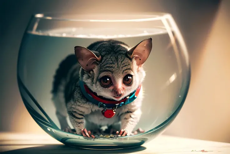 (masterpiece:1.2, best quality:1.2, highly detailed, cinematic lighting, sharp focus, absurdres)
jill-kun, bush baby, collar, (in fish bowl:1.2), partially submerged, (Bedroom)
<lora:jill-kun:0.6>