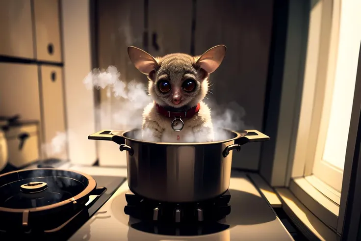 (masterpiece:1.2, best quality:1.2, highly detailed, cinematic lighting, sharp focus, absurdres)
jill-kun, bush baby, collar, kitchen, in pot, (stove:1.2), bubbling, steam
<lora:jill-kun:0.6>