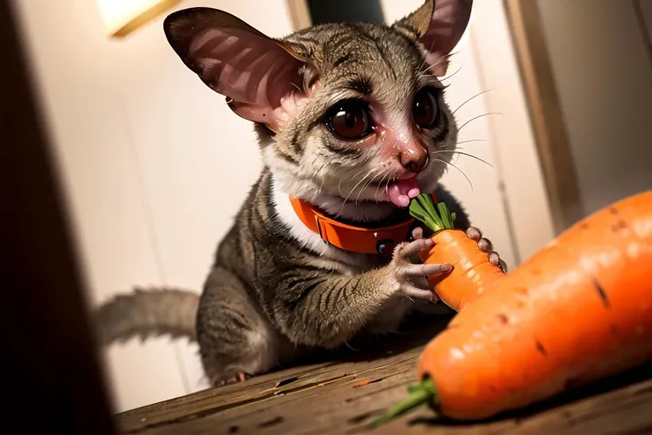 (masterpiece:1.2, best quality:1.2, highly detailed, cinematic lighting, sharp focus, absurdres)
jill-kun, bush baby, collar, (eating carrot:1.2), tail
<lora:jill-kun:0.6>