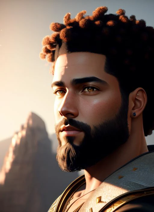 (extremely detailed CG unity 8k wallpaper),(masterpiece), (best quality), (face portrait of:1.4) beautiful, strong, mixed race, curly hair, beard, (((male))), face, head shot, fantasy, highly detailed, digital painting, artstation, concept art, smooth, sharp focus, illustration, art by artgerm and greg rutkowski and alphonse mucha, photorealistic, octane render, 8k, unreal engine, hyperrealistic, , detailed background, ultra detailed by greg rutkowski