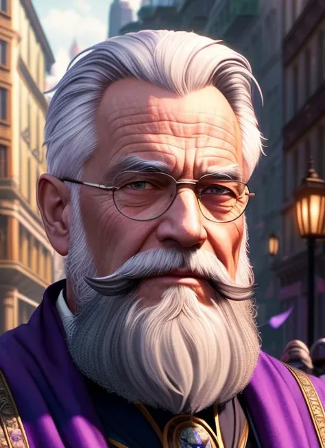 (extremely detailed CG unity 8k wallpaper),(masterpiece), (best quality), (face portrait of:1.4) an old wizard with grey beard, city street, fantasy empire, crowd, lots of plants, purple flags, godrays warm colors, hyperrealistic, , detailed background, ultra detailed by greg rutkowski