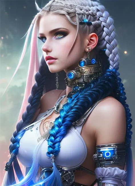 (8k), (an extremely  beautiful cyberpunk fantasy girl), (high detailed), (high resolution), (masterpiece), (best quality),( finely detail ), sad trending on 500px hard edge painting,
(1girl:1.40), (art of granblue fantasy:1.3), ((beautiful detailed eyes, (dark blue eyes ))). (absurdly long hair(white hair (multiple braids))). ((panting)). ((clothingstyle__),((blush)).