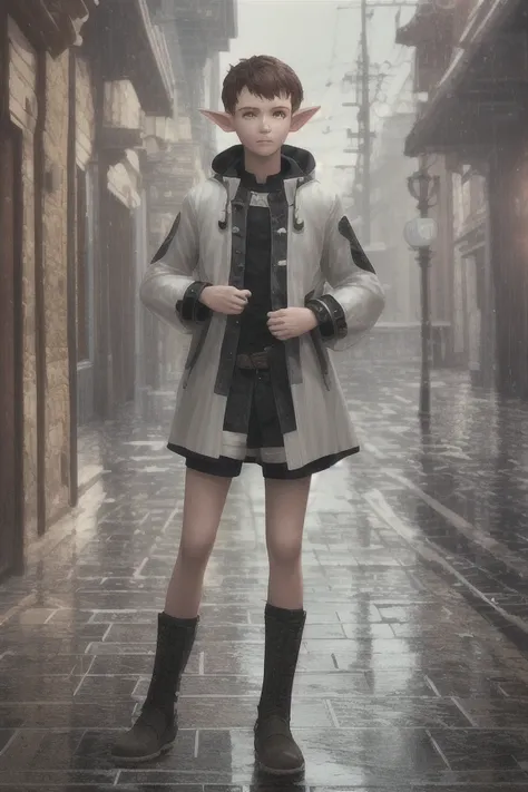 (extremely detailed CG unity 8k wallpaper),(masterpiece), (best quality), (realistic), soft lighting, trending on 500px, novelAI, masterpiece, elf, 1boy, fullbody, short hair, beautiful, raincoat, pointy ears, teen