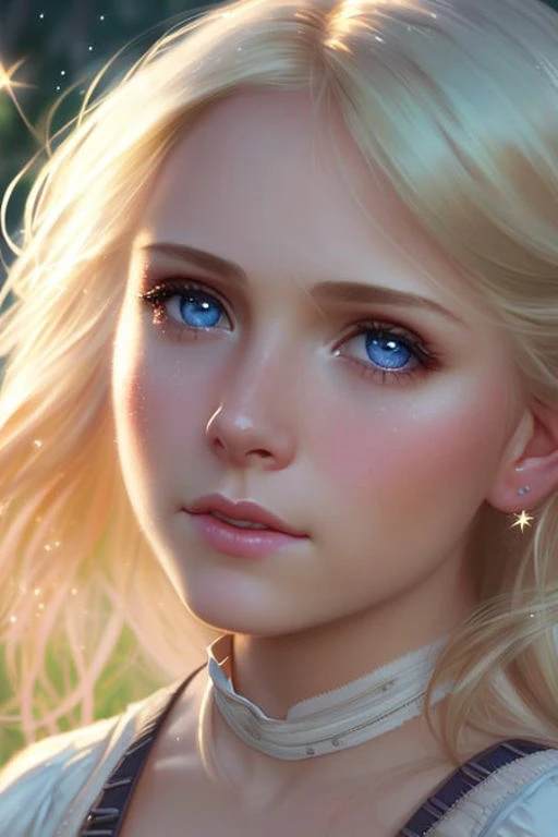 closeup portrait of a cute blonde Elsa in a bright windy field, (backlighting), realistic, masterpiece, highest quality, ((corset)), ((embarrassed)),  puddle, lens flare, shade, bloom, ((light sparkles)), [chromatic aberration], by Jeremy Lipking, by Antonio J. Manzanedo, by (Alphonse Mucha), digital painting