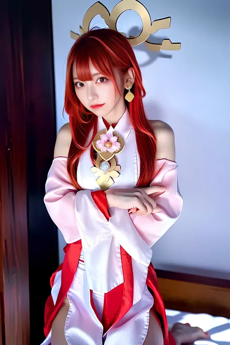 (RAW photo, best quality), (realistic, photo-realistic:1.3), best quality ,masterpiece, an extremely delicate and beautiful, extremely detailed ,CG ,unity ,8k wallpaper, Amazing, finely detail, masterpiece,best quality, extremely detailed eyes and face, beautiful detailed eyes, light on face, beautiful detailed eyes, looking at viewer, closed mouth, finely detail, detailed hair,red hair, longeyelashes, toomi, <lora:toomi_:0.8>, <lora:japaneseDollLikeness_v15:0.4>, kpop idol, yae miko, thighhighs, (bare breasts:1.2), (miko:1.2), nontraditional miko, tail, jewelry, earrings, bodystocking, ribbon trim, white skirt, white dress, thick lips, detached sleeves, bare shoulders, pink hair, long hair, japanese clothes, best quality,(photorealistic:1.2), (hair ornament:1.35), jewelry, earrings, large breasts, torii, cherry blossoms, yae_sakura, <lora:yaeMikoRealistic_yaemikoMixed:0.8>