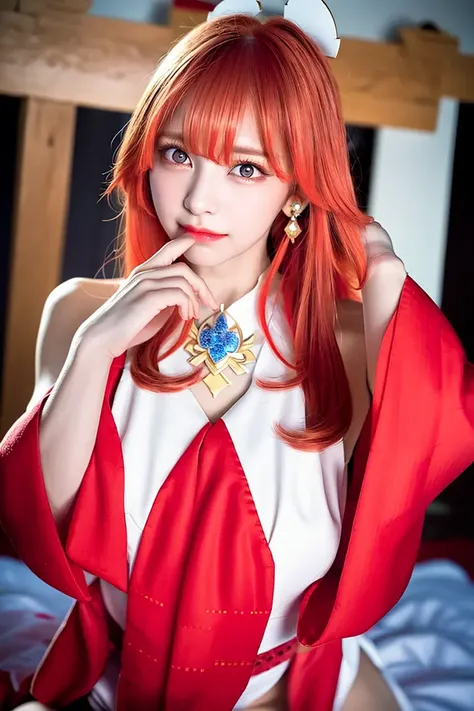 (RAW photo, best quality), (realistic, photo-realistic:1.3), best quality ,masterpiece, an extremely delicate and beautiful, extremely detailed ,CG ,unity ,8k wallpaper, Amazing, finely detail, masterpiece,best quality,  extremely detailed eyes and face, beautiful detailed eyes, light on face, beautiful detailed eyes, looking at viewer, closed mouth, finely detail, detailed hair,red hair, longeyelashes,  toomi,  <lora:toomi_:0.8>, <lora:japaneseDollLikeness_v15:0.4>, kpop idol, yae miko, thighhighs, (bare breasts:1.2), (miko:1.2), nontraditional miko, tail, jewelry, earrings, bodystocking, ribbon trim, white skirt, white dress, thick lips, detached sleeves, bare shoulders, pink hair, long hair, japanese clothes, best quality,(photorealistic:1.2), (hair ornament:1.35), jewelry, earrings, large breasts, torii, cherry blossoms,  yae_sakura, <lora:yaeMikoRealistic_yaemikoMixed:0.8>