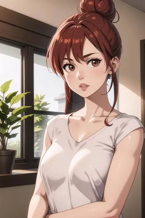 1girl, bird, brown_eyes, collarbone, hair_bun, holding, indoors, lips, looking_at_viewer, parted_lips, plant, potted_plant, red_hair, shirt, upper_body <lora:lynx:0.5>