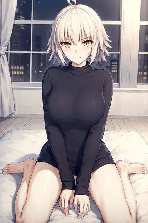 ((masterpiece, best quality,distinct image)), 1girl,solo, jeanne d'arc alter,large breasts, black sweater, long sleeves, bottomless, barefoot, wariza, sexy, looking at viewer, indoors, in a room, windows, furniture <lora:jeanne d'arc alter:0.6>