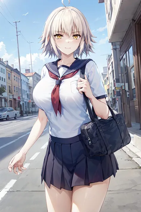 ((masterpiece, best quality,distinct image)), 1girl,solo, jeanne d'arc alter, large breasts,schoolgirl,school uniform, pleated skirt, serafuku, white shirt, black skirt, looking at viewer,standing,carrying one school_bag, cowboy shot, city, building, beautiful sky <lora:jeanne d'arc alter:0.6>