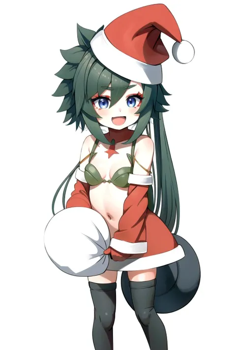 beautiful, beauty, pretty face, ((Wolf girl)), (Large bushy tail), skimpy sexy Santa outfit, medium size breast, ((breast showing)), red thigh high stockings, ((green and black multicolored hair)), (topless), (Red Santa outfit), (Perfect breast), ((perky nipples)