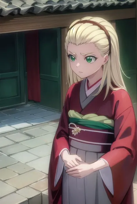 rurichiyokasumioji, <lora:rurichiyokasumioji-lora-nochekaiser:1>,
rurichiyo kasumioji, long hair, blonde hair, (green eyes:1.5), hairband, hair pulled back, forehead,
BREAK japanese clothes, kimono, hakama, hakama skirt, (red kimono:1.5), long sleeves, wide sleeves, (grey hakama:1.3),
BREAK outdoors, shrine,
BREAK looking at viewer, (cowboy shot:1.5),
BREAK <lyco:GoodHands-beta2:1>, (masterpiece:1.2), best quality, high resolution, unity 8k wallpaper, (illustration:0.8), (beautiful detailed eyes:1.6), extremely detailed face, perfect lighting, extremely detailed CG, (perfect hands, perfect anatomy),