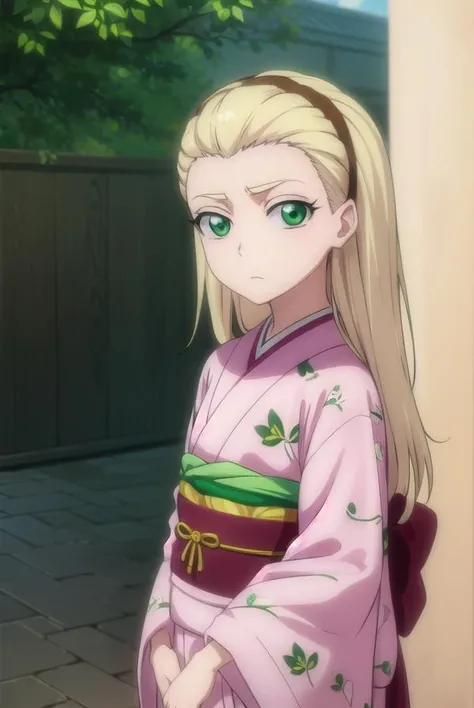 rurichiyokasumioji, <lora:rurichiyokasumioji-lora-nochekaiser:1>, 
rurichiyo kasumioji, long hair, blonde hair, (green eyes:1.5), hairband, hair pulled back, forehead,
BREAK japanese clothes, kimono, sash, obi, floral print, pink kimono,
BREAK outdoors, shrine,
BREAK looking at viewer, (cowboy shot:1.5),
BREAK <lyco:GoodHands-beta2:1>, (masterpiece:1.2), best quality, high resolution, unity 8k wallpaper, (illustration:0.8), (beautiful detailed eyes:1.6), extremely detailed face, perfect lighting, extremely detailed CG, (perfect hands, perfect anatomy),