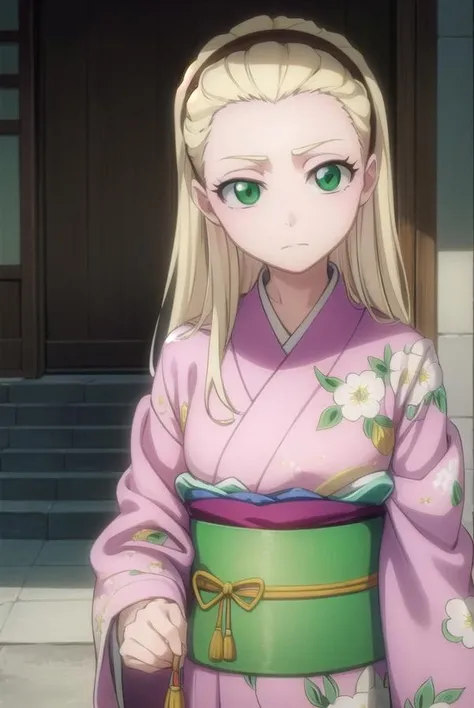 rurichiyokasumioji, <lora:rurichiyokasumioji-lora-nochekaiser:1>,
rurichiyo kasumioji, long hair, blonde hair, (green eyes:1.5), hairband, hair pulled back, forehead,
BREAK japanese clothes, kimono, sash, obi, floral print, pink kimono,
BREAK outdoors, shrine,
BREAK looking at viewer, (cowboy shot:1.5),
BREAK <lyco:GoodHands-beta2:1>, (masterpiece:1.2), best quality, high resolution, unity 8k wallpaper, (illustration:0.8), (beautiful detailed eyes:1.6), extremely detailed face, perfect lighting, extremely detailed CG, (perfect hands, perfect anatomy),