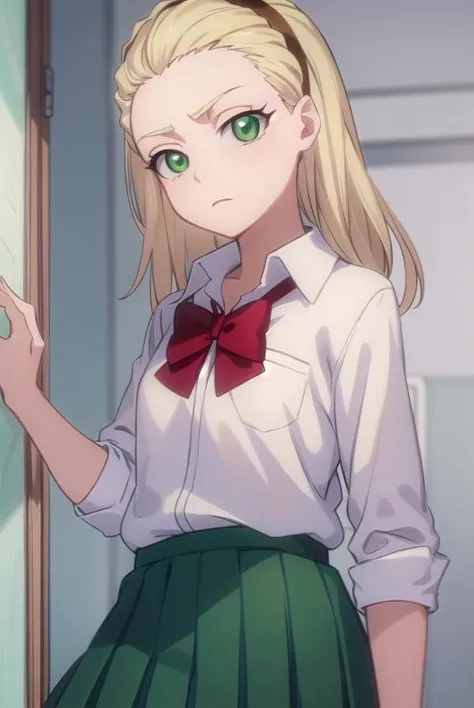 reimiyamoto, <lora:reimiyamototest:1>,
rei miyamoto, long hair, brown hair, (brown eyes:1.5), antenna hair, ponytail,
BREAK skirt, thighhighs, school uniform, serafuku, zettai ryouiki, green skirt, bowtie, long sleeves, black thighhighs, black bowtie,
BREAK looking at viewer,
BREAK indoors, classroom,
BREAK <lora:GoodHands-vanilla:1>, (masterpiece:1.2), best quality, high resolution, unity 8k wallpaper, (illustration:0.8), (beautiful detailed eyes:1.6), extremely detailed face, perfect lighting, extremely detailed CG, (perfect hands, perfect anatomy),