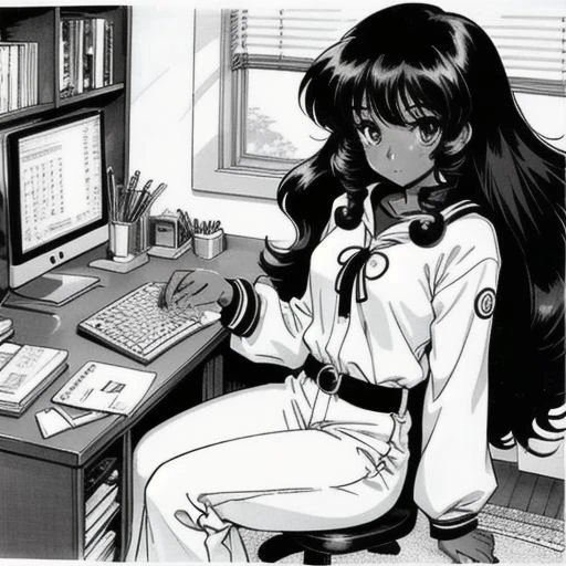 Manga, close-up, Maria_Valez:1.1, dark skin Latina woman, long curly hair, sitting, mangaka, highly detailed, caricature, art by Rumiko Takahashi, monochrome, indoors, desk, apartment, manic, humorous