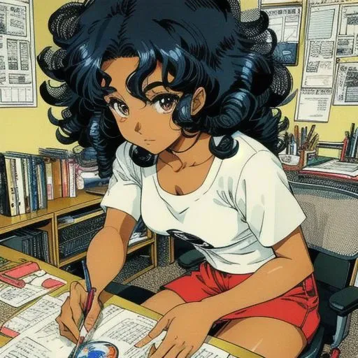 Manga, close-up, Maria_Valez:1.1, dark skin Latina woman, long curly hair, sitting, mangaka, highly detailed, caricature, art by Rumiko Takahashi, monochrome, indoors, desk, apartment, manic, humorous