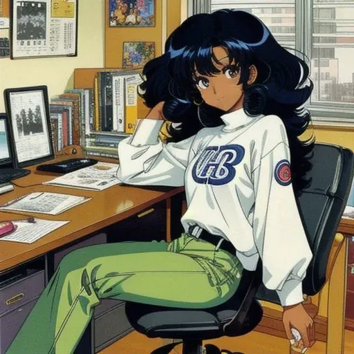 Manga, close-up, Maria_Valez:1.1, dark skin Latina woman, long curly hair, sitting, mangaka, highly detailed, caricature, art by Rumiko Takahashi, monochrome, indoors, desk, apartment, manic, humorous