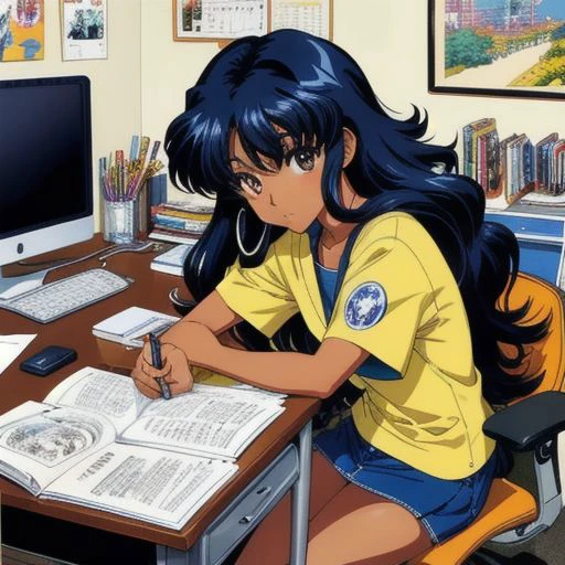Manga, close-up, Maria_Valez:1.1, dark skin Latina woman, long curly hair, sitting, mangaka, highly detailed, caricature, art by Rumiko Takahashi, monochrome, indoors, desk, apartment, manic, humorous