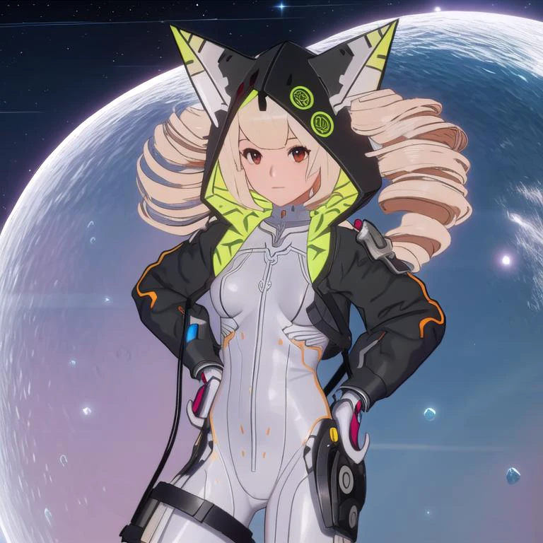 Shiro, Shiro \(Tower of Fantasy\), 1girl, solo, bodysuit, hood, drill hair, hands on hips, jacket, twin drills, blonde hair, breasts, animal ears, looking at viewer, bangs, red eyes, white bodysuit, planet, black jacket, skin tight, closed mouth, cowboy shot, fake animal ears, covered navel, animal hood, long hair