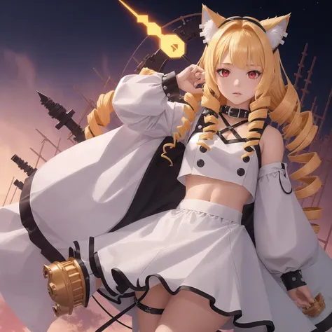 Shiro, Shiro \(Tower of Fantasy\), 1girl, solo, (drill hair, twin drills:1.3), blonde hair, bangs, red eyes, small breasts, looking at viewer, crop top, white shirt, bracelet, collar, cross, gothic, punk, spiked collar, animal ears, animal hood, cat tail, mechanical tail, cat hood