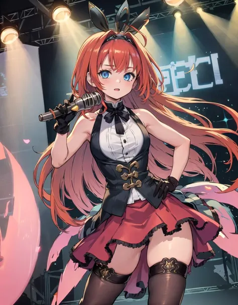 masterpiece, best quality, lsn\(shadowverse\), 1girl, solo, blue eyes, thighhighs, long hair, gloves, skirt, black thighhighs,stage, microphone, looking at viewer, hand on hip, hairband, black gloves, red hair, holding, orange hair, sleeveless, lsn_normal
