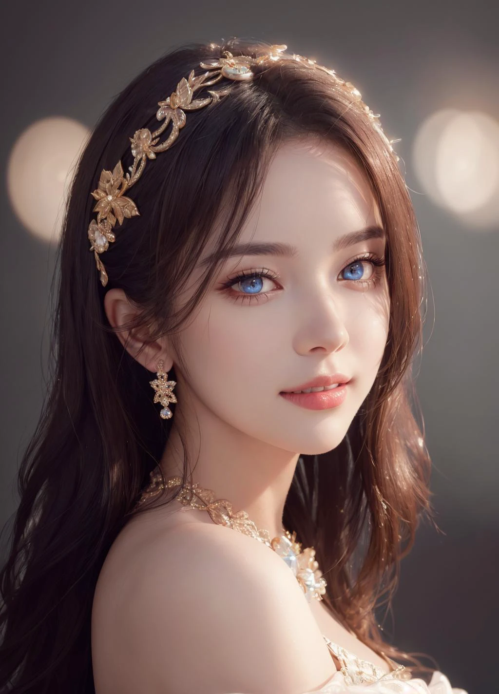 professional head shot, perfect eyes, highly detailed beautiful expressive eyes, detailed eyes, glamorous hair, perfection gorgeous smile, light makeup, good atmosphere. large depth of field, deep depth of field, , (8k, RAW photo, best quality, depth of field, ultra high res:1.2), intricate, photorealistic, masterpiece, ultra-detailed), crisp, vivid lighting