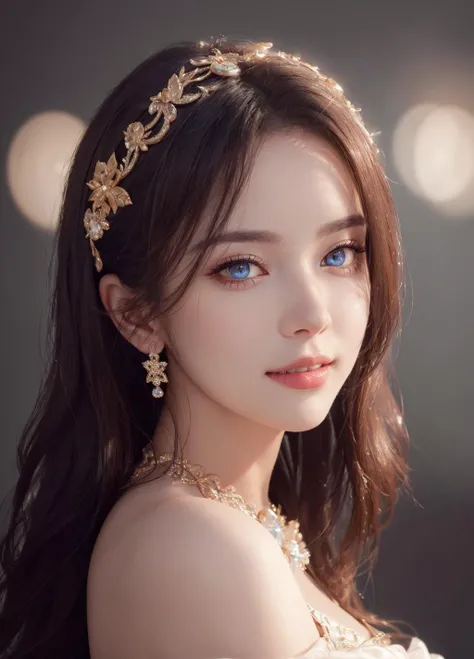 professional head shot, perfect eyes, highly detailed beautiful expressive eyes, detailed eyes, glamorous hair, perfection gorgeous smile, light makeup, good atmosphere. large depth of field, deep depth of field, , (8k, RAW photo, best quality, depth of field, ultra high res:1.2), intricate, photorealistic, masterpiece, ultra-detailed), crisp, vivid lighting