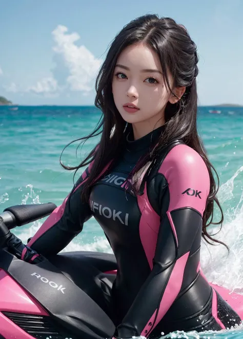 (pink and black wetsuit). perfect hair, sitting on a jet ski in the ocean, beautiful sunny day. large depth of field, deep depth of field, highly detailed, dynamic lighting, photorealistic, 8k, intricate details, key visual, vivid colors, perfection, (8k, ultra high res:1.2), intricate