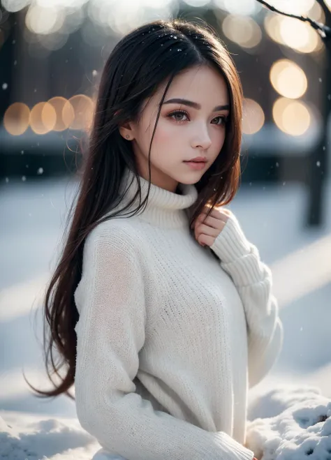 beautiful girl wearing a thin athletic sweater, glamourous hair, depth of field, bokeh, morning in the snow, (masterpiece) (best quality) (detailed) (8k) (wallpaper) (cinematic lighting) (sharp focus) (intricate), dynamic lighting, vivid