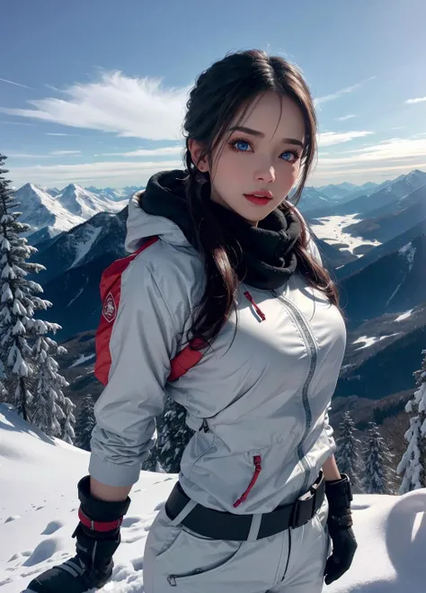 1girl, beautiful and sexy, light makeup, in tomb raider style snow gear, standing on the top of a snowy mountain, vast open view in the background, mountains, hills, trees, snow, clouds, 35mm photograph, film, bokeh, professional, 4k, highly detailed dynamic lighting, photorealistic, 8k, raw, rich, intricate details, key visual, vivid colors, detailed eyes, busty