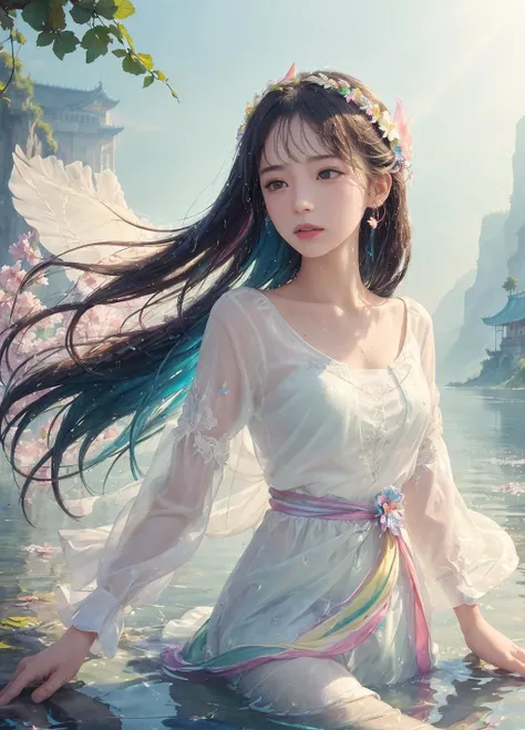 1girl, (masterpiece:1.2), best quality, multicolored, masterpiece, best quality,((an extremely delicate and beautiful)), floating, (detailed wet clothes), (detailed light), feather, nature, (sunlight), river, floating palace, beautiful and delicate water, (bloom), (shine), colorful, panorama, landscape, Colorful portraits, dynamic lighting