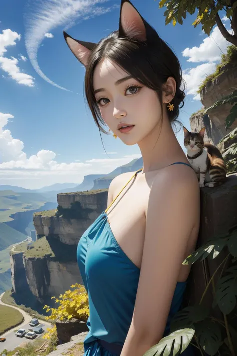 1girl, [ (landscape art designed by Stephen Quiller:0.9) | (Isamu Noguchi:1.2) | (Valerie Hegarty:1.0) ], vibrant Unreal Engine, dense hillside and mountains, Golden ratio, surreal, shoulder-level shot of a ([Oriental Shorthair Cat:Foliage:3]:1.3) , the Oriental Shorthair Cat is very Charismatic and Vulgar, Algerian background, Thunderstorm, Wide view, Sketch, Light and Bright, Native Art, side light, F/14, anaglyph effect, fluorescent blue sky, Luminous trails, professional, High quality