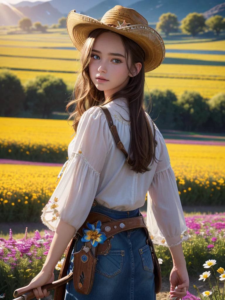 best quality,HDR,UHD,8K,Vivid Colors,solo,photo_,(1girl:1.3),(standing:1.3),(looking at viewer:1.4),Elegant,detailed gorgeous face,(cowboy shot:1.2),morning,(flower field background:1.2),black eye,sunlight,dappled sunlight,marginal light,<lora:shoujibackground:0.5>,<lora:Twinkle20:0.75>,Twinkle,ribbon,